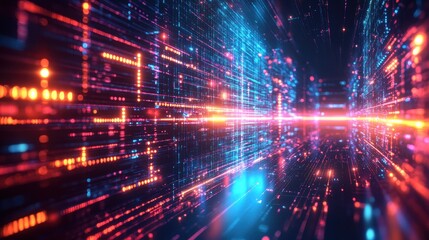 Fototapeta premium Abstract Digital Data Stream with Neon Lights, Futuristic Technology Background.