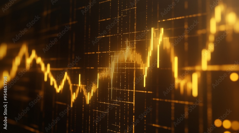 Aufkleber a 3d gold price graph on a dark background, with bars and lines in gold, showing a steady increase i