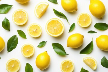 Fototapeta premium A vibrant and fresh composition featuring whole lemons, lemon slices, and green leaves, all seemingly