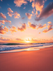 Fototapeta premium Summer closeup sunset sea sky landscape. Colorful ocean beach sunrise. Beautiful beach reflections calm waves soft sandy. Perfect tropical coast horizon scenic coast view. Mediterranean nature. AI gen