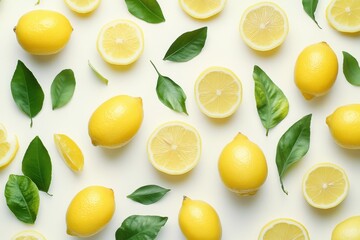 A vibrant and fresh composition featuring whole lemons, lemon slices, and green leaves, all seemingly