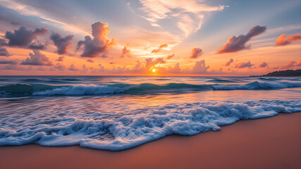 Summer closeup sunset sea sky landscape. Colorful ocean beach sunrise. Beautiful beach reflections calm waves soft sandy. Perfect tropical coast horizon scenic coast view. Mediterranean nature. AI gen
