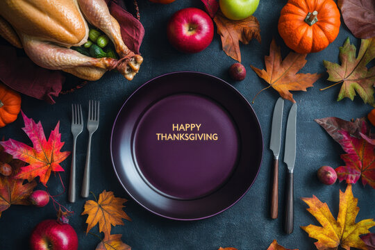 Table setting with dark purple plate and text "Happy Thanksgiving" surrounded by rustic autumn leaves, apples, knife and fork on black background. Flat lay mockup with space for your design or logo.
