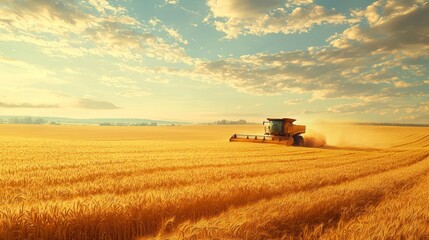 Naklejka premium Combine harvester working in golden wheat field under blue sky