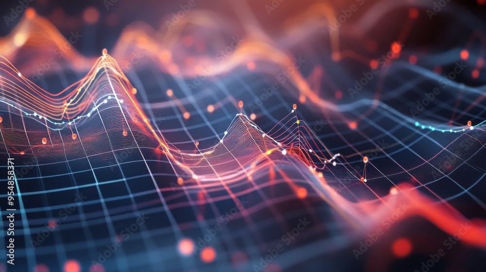 Aufkleber A 3D line graph with multiple intersecting lines and markers, set on a grid with depth and perspective, illustrating complex data trends