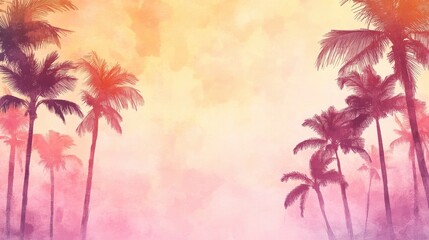 Fototapeta premium Watercolor Palm Tree Silhouette Background with Pink and Orange Gradient