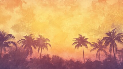 Obraz premium Tropical Sunset Palm Tree Silhouette Watercolor Background.