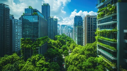 Obraz premium Vibrant Urban Oasis: Lush Greenery Amid Towering Skyscrapers