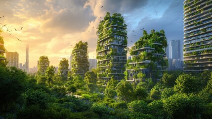 Fototapeta premium Futuristic Vertical Forest Cityscape at Sunset