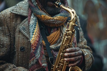 Street Musician Playing Saxophone in Winter - Close-Up with Colorful Scarf