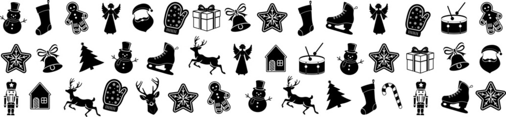Christmas elements set icons design. Christmas collection of bells, santa, deer, angel, nutcracker, cookies, showman, snowstar, drums, mitten, candy, sock, tree
