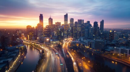 Fototapeta premium a dramatic aerial shot of a cityscape at night, with lights twinkling across the skyline and traffic moving along busy streets, highlighting the energy of the city