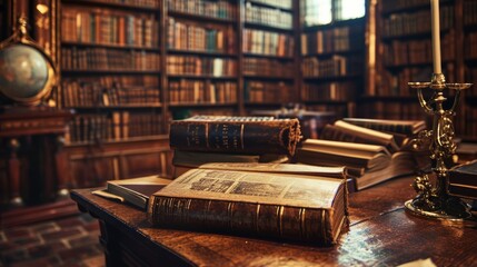 Old library interior, library books.