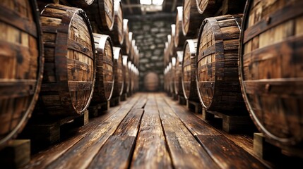 Whiskey, bourbon, scotch barrels in a row, a large warehouse facility.
