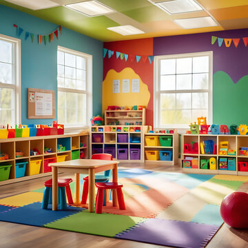 Modern daycare empty nursery or preschool spacious interiors, classroom by ai generated
