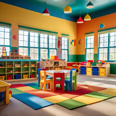 Modern daycare empty nursery or preschool spacious interiors, classroom by ai generated
