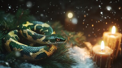 Fototapeta premium A green and black snake resting on pine branches near glowing candles in a softly falling snow during the winter evening