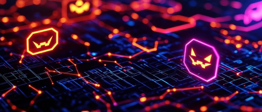 Vibrant digital Halloween theme featuring glowing pumpkin icons on a circuit-like background. Perfect for spooky tech designs.
