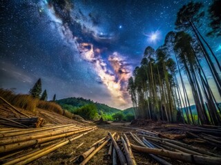 Naklejka premium Bamboo overharvesting deforestation at night, under a starry sky, with the faint outlines of felled trees silhouetted against the darkness, emphasizing the quiet, eerie beauty of devastation.