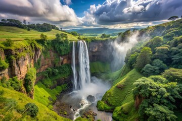 Sipisopiso in June a wide-angle shot of the waterfall, capturing its misty veil and surrounding landscape