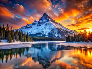 Obraz premium A snow-covered mountain rises up, its peak ablaze with the vibrant colors of the sunset, as the frozen lake glimmers in the foreground.