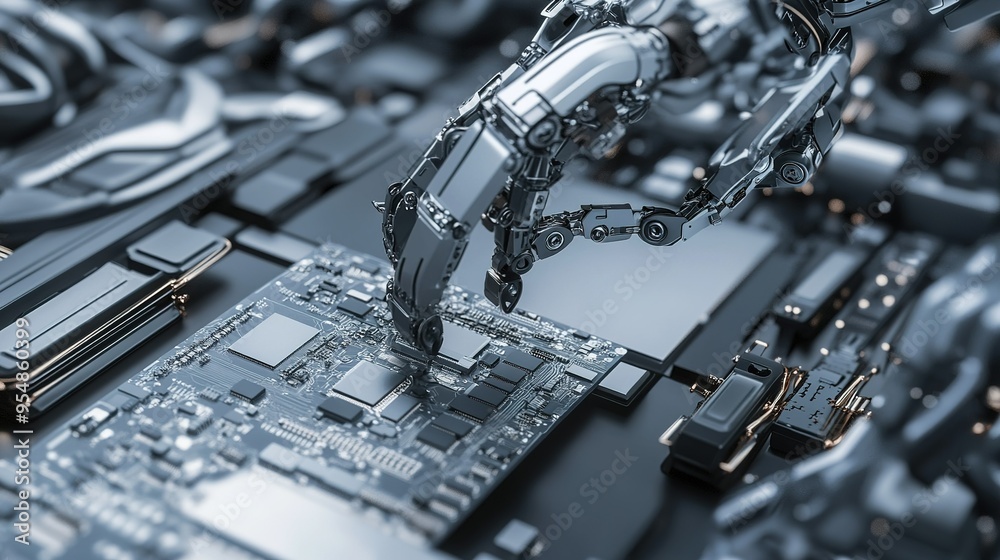 Poster a robotic hand delicately interacts with a computer circuit board in a high-tech environment filled 