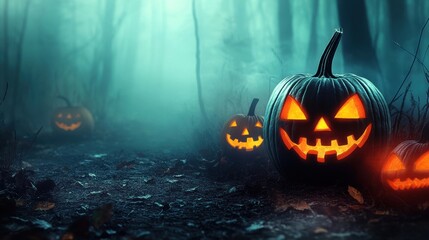 Naklejka premium a Halloween-themed background with spooky jack-o'-lanterns and dark, misty forests