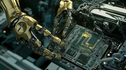 A robotic hand carefully assembling a complex circuit board in a high-tech laboratory during the day