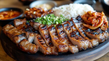 A barbecue platter piled high with grilled pork belly, served with a side of spicy kimchi and steamed rice, creating a delicious Korean-inspired meal.