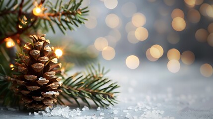 Fototapeta premium Christmas background with pine cones and lights, with copy space for text. Christmas card design concept. 