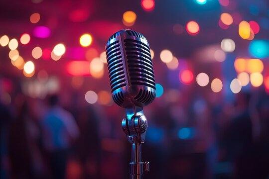 A classic microphone stands ready for a performance in a vibrant, colorful venue filled with lively atmosphere at night