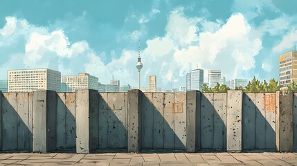 190. **Illustrate the Berlin Wall Memorial with its historic sections standing against a modern...