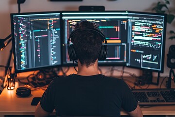 A programmer working late at night in a dimly lit room with multiple monitors displaying code and data analysis