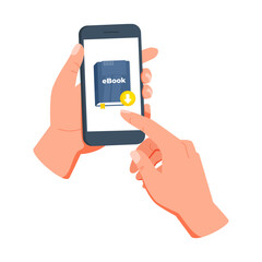 Hands are holding smartphone and finger is pressing download button on ebook cover, downloading electronic book from online store