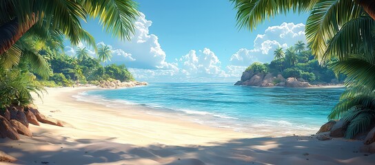 Fototapeta premium The beach is located on the right side of the screen, with palm leaves hanging down and a clear blue sky in the background. The calm sea reflects the sunlight, creating a peaceful atmosphere.