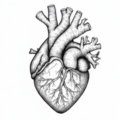 Detailed Black and White Outline of a Human Heart with Anatomical Features, Including Chambers and Valves, Ideal for Coloring on a Clean White Background