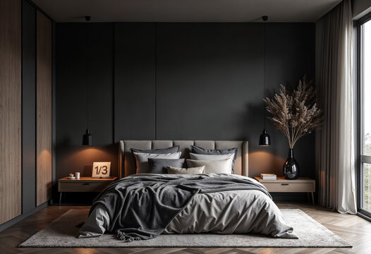 Concept photo of minimalist dark bedroom interior