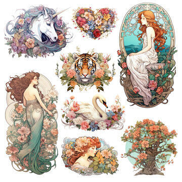 PNG Alphonse Mucha illustration element set, transparent background