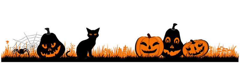 Halloween banner with pumpkins and scary objects, black and orange. Vector illustration.	
