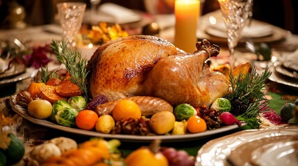 A Thanksgiving table laden with a variety of dishes, with a focus on family members holding hands and saying grace before starting the meal, surrounded by autumn decorations and warm lighting