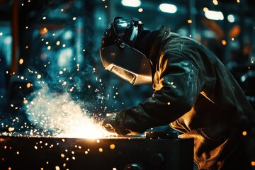 A welder working intensely at dusk surrounded by glowing sparks flying in all directions