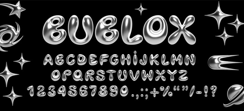 3D chrome balloon bubble font in Y2K style. Realistic shiny silver inflated letters, numbers, and symbols with liquid metal effect for modern retro typography, banners, posters, and digital design