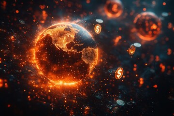 A vibrant illustration depicting a glowing earth surrounded by swirling digital coins.