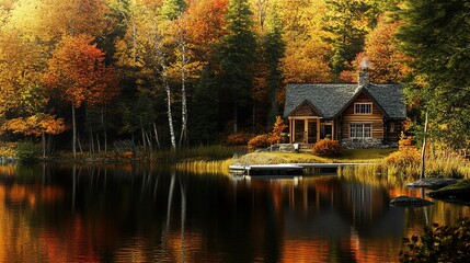 Fototapeta premium A serene autumn lakeside cabin surrounded by colorful foliage in the quiet woods during late afternoon light