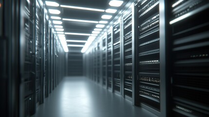 Modern data center corridor with rows of server racks under bright LED lighting during operational hours