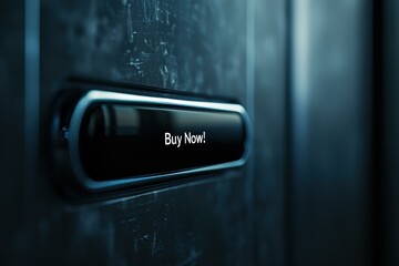 A sleek black button with the text Buy Now is illuminated against a textured metallic background, ideal for marketing, e-commerce, or sales promotion campaigns,