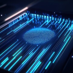 Abstract Blue Fingerprint Scanner with Glowing Lines - Futuristic Digital Security Concept.