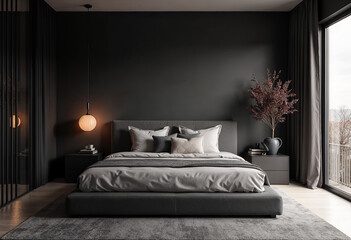 Concept photo of minimalist dark bedroom interior