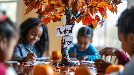 A family gathered around the fireplace, sharing stories and memories after a Thanksgiving feast, with soft lighting creating a warm and inviting atmosphere