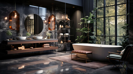 Elegant modern bathroom featuring a freestanding bathtub, dual vanity sinks with round mirrors, and large windows overlooking a lush forest.